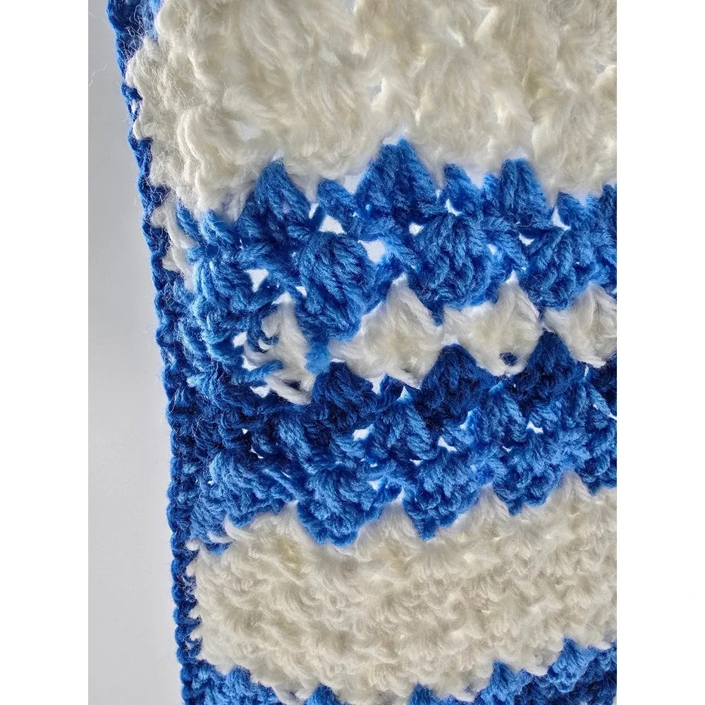 Handmade‎ Crochet Baby Blanket Blue White Striped Shell Stitch Throw 40x20